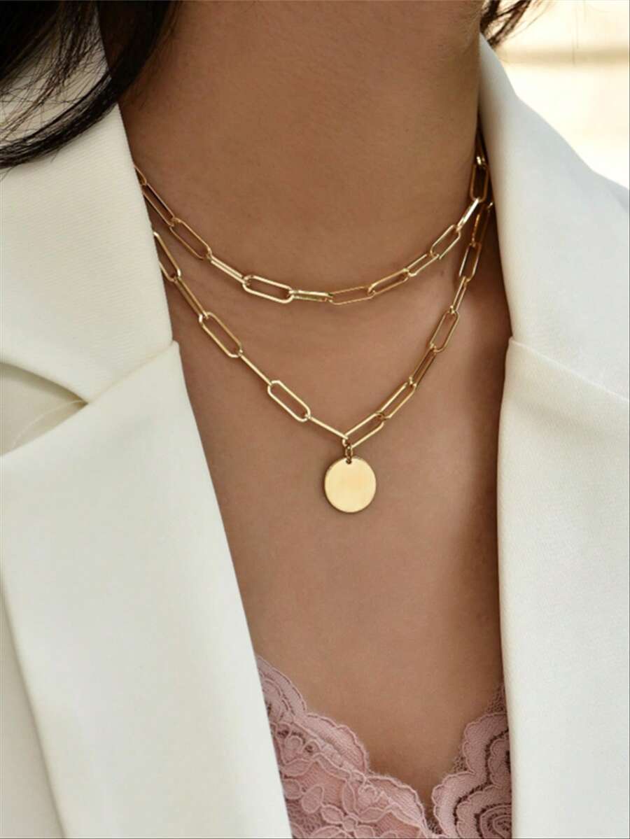1pc Charm Round Pendant Double Layer Necklace, Paperclip Chain Necklace