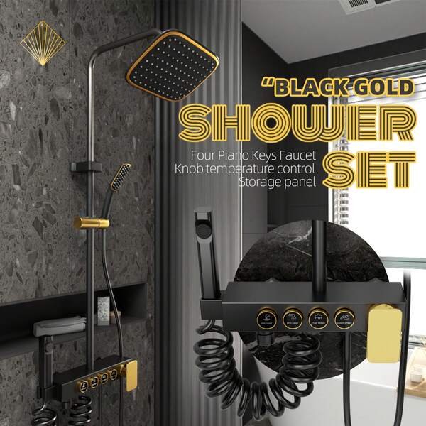 Zestaw prysznicowy Home Black Golden, ścienny system natrysku deszczowego w kolorze szczotkowanego niklu, z chropowatym korpusem i wykończeniem, ręczna osłona prysznicowa z funkcją pistoletu natryskowego