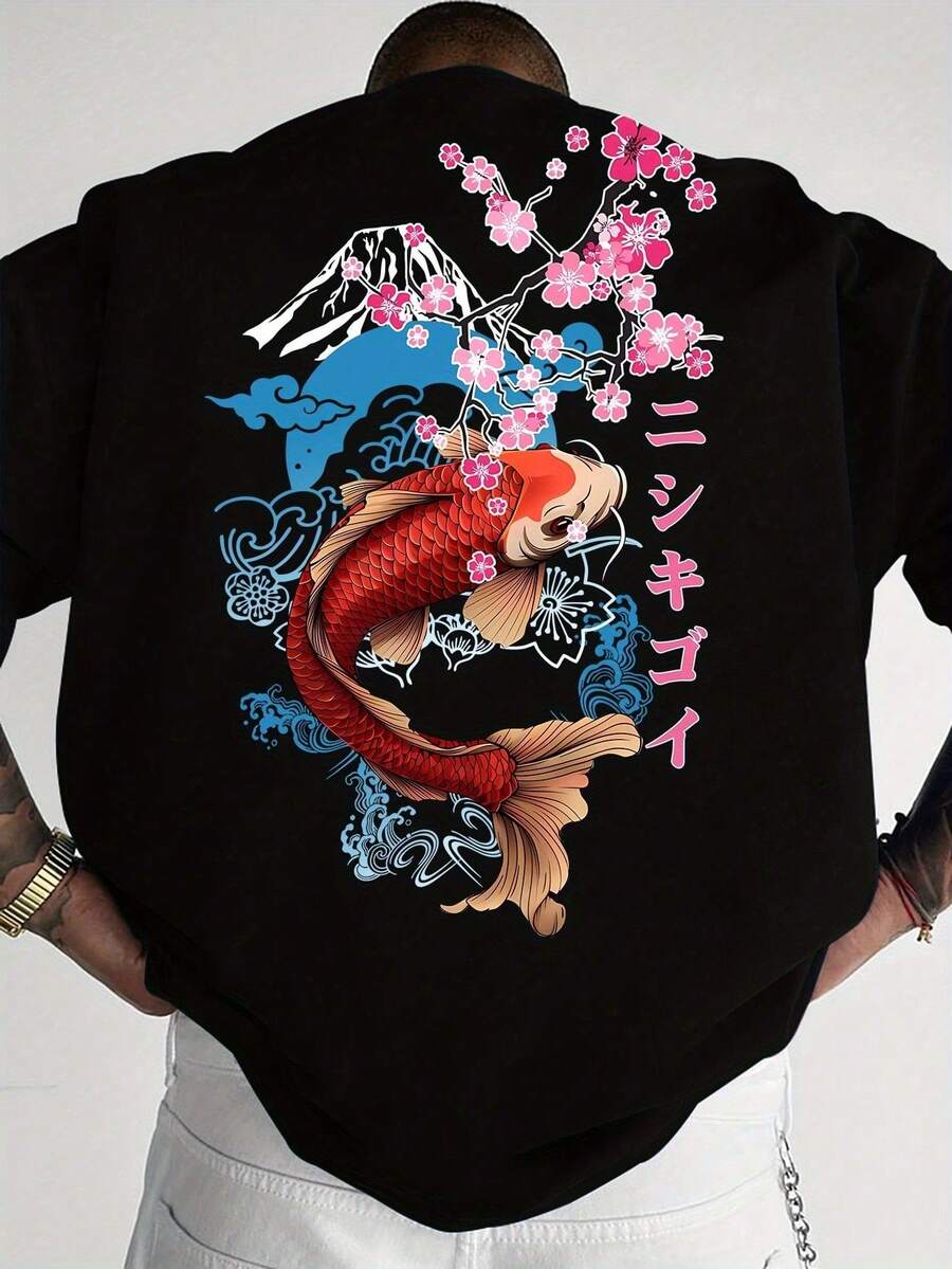 1pc Men's Fashionable Printed Loose Fit Short Sleeve T-Shirt | Exquisite Design | Essential For Summer | Easy To Match, Showcasing Your Style - Black - View 1