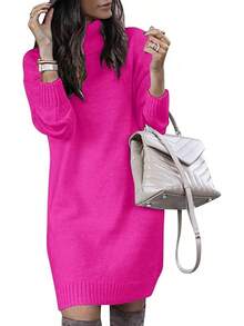 Women Turtleneck Sweater Dress Oversized Long Sleeve Knit Pullover Fall Short Dresses Fashion - 玫紅色 - 查看 1