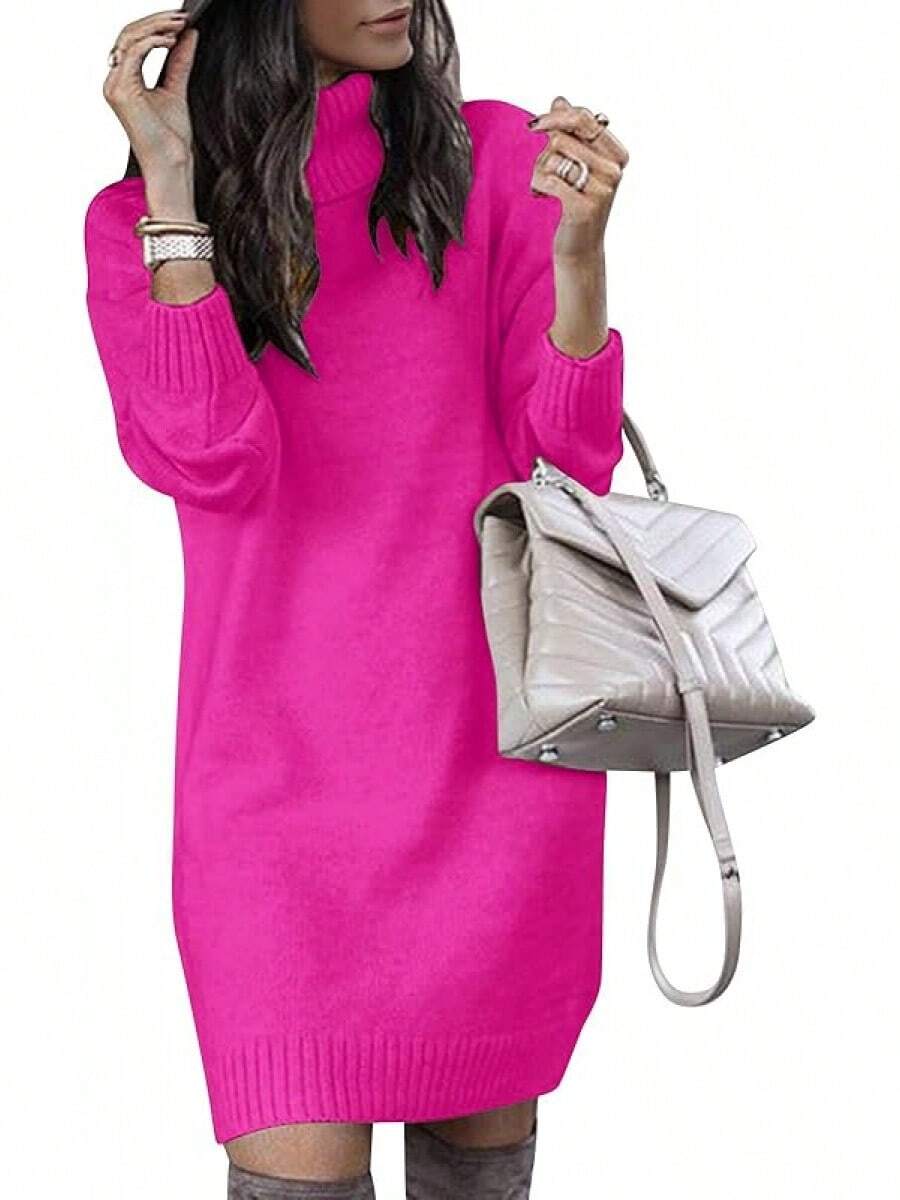 Women Turtleneck Sweater Dress Oversized Long Sleeve Knit Pullover Fall Short Dresses Fashion - 玫紅色 - 查看 1
