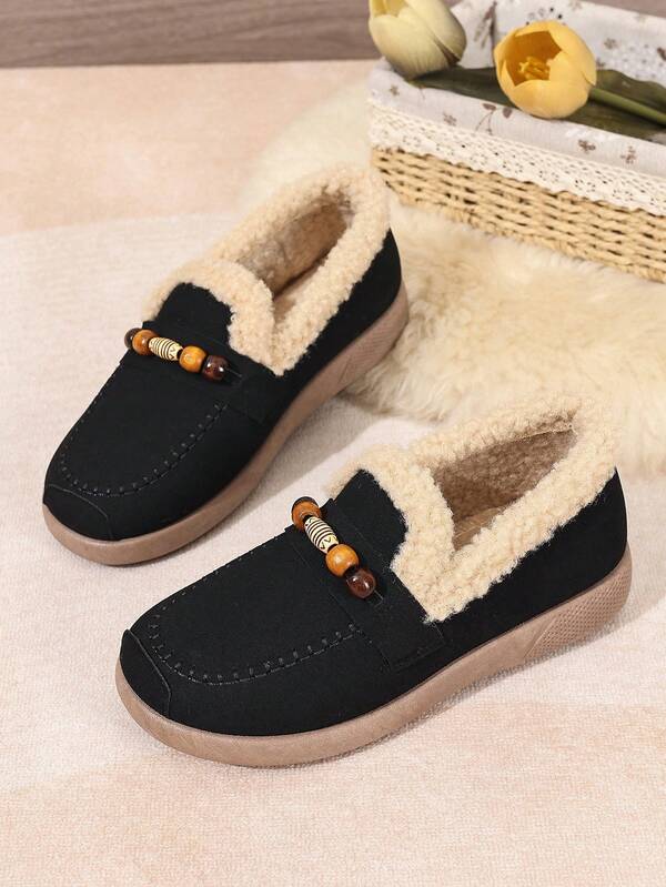 Women's Winter Snow Boots, Fashionable Slip-On Design, Anti-Slip, Warm, Beaded Decor Short Boots For Outdoor Hiking