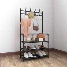 4-stöckiges Metall Schuhgestell, multifunktionaler Schuhorganizer für den Eingangsbereich mit Haken & Aufhängestange, Regalsystem für Wohnzimmer Schlafzimmer, einfache Montage, 78 x 60 x 170 cm