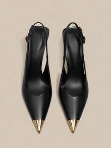 2025 New Metal Splice French Pointed Toe Slingback High Heel Shoes For Women - Black - View 5