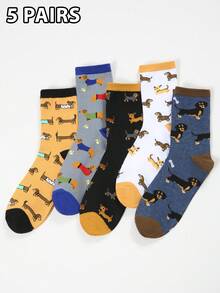 1/3/5 Pairs (Randomly Shipped) Men's Autumn/Winter Fun Cartoon Dachshund Dog Pattern Color-Block Mid-Calf Socks Set, Suitable For Daily Wear, Sports, Travel, Outdoor, Gifts, Holidays, Holiday Gift, Color-Block Style, Fun Design, Comfortable Fit, Hand Wash Only, Novelty Socks, Gift Set, Men's Fashion, Sock Collector - Multicolor - View 7