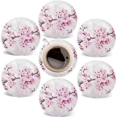 6pcs Pink Sakura Wooden Coasters - 4.0 Inch Round, Heat-Resistant Drink Mats, Suitable For Home And Office Decor - Perfect For Coffee Tables, Bars And Housewarming Gifts, 2D Flat, Coasters, Beer Mugs, Festivals, 6pcs/Set, 1800pcs/300Sets