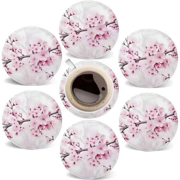 Conjunto de 6 porta-copos de madeira com estampa de sakura rosa - 10 cm de diâmetro, resistentes ao calor, ideais para decoração de casa e escritório - Perfeitos para mesas de centro, bares e como presentes de boas-vindas, design plano 2D, ideais para porta-copos, canecas de cerveja e ocasiões especiais, 6 peças por conjunto, 1800 peças/300 conjuntos.
