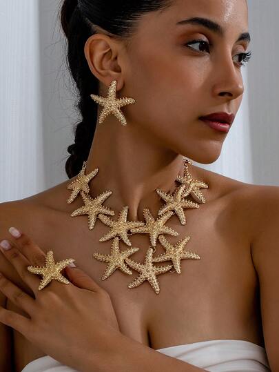 1pc/Set Fashionable Elegant Starfish Necklace, Earrings, Ring Gold Jewelry Set, High-Quality Women Beach Style Jewelry Suitable For Beach Party, Travel, Holiday (Long-Lasting Color)