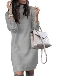 Women Turtleneck Sweater Dress Oversized Long Sleeve Knit Pullover Fall Short Dresses Fashion - 玫紅色 - 查看 2