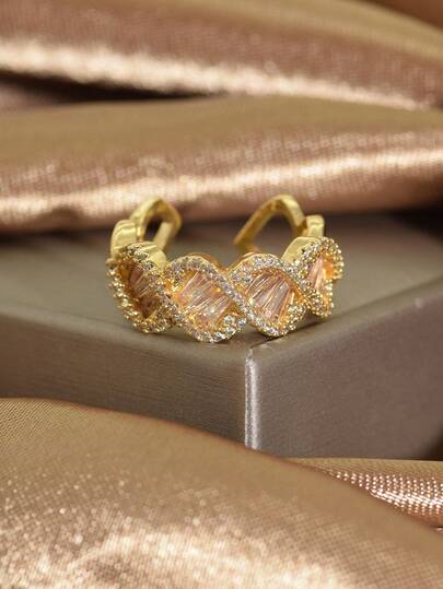 1pc Fashionable Niche Design Gold-Plated DNA Double Helix Zirconia Ring, Suitable For Women's Daily Wear, Business Gatherings, Weddings, Parties, And Eid Gifts