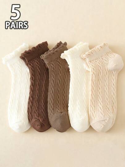 1/5双装女士纯色菱形图案短袜 - 透气舒适，带蕾丝边，适合春夏穿着，可爱袜子