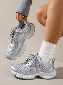 1 Pair Women's Round Toe Lace-Up Casual Sports Shoes, Silver Sequin PU Material, Standard Size, Outdoor/Casual Wear, Solid Color Fashion Chunky Sneakers