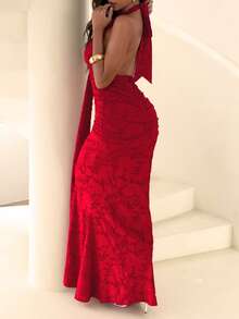 Women's Deep V-Neck Floral Jacquard Fitted Backless Ruffle Hem Sexy Cocktail Dress - Perfect For Date Night, Club Party, And Wedding Guest - Red - View 5