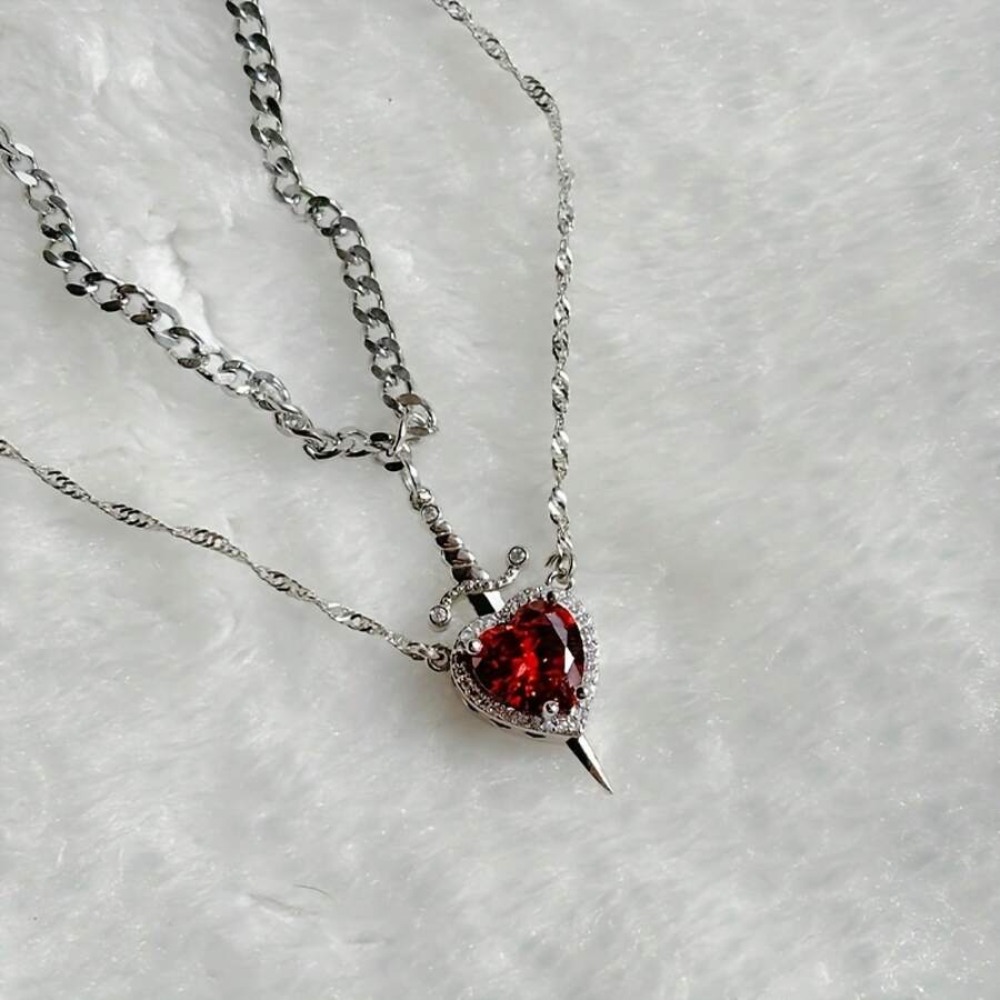 2 Pieces Heart And Sword Necklace Unique Couple Jewelry Silver Gold Necklace Wedding Party Confession Gift - 愛與劍 - 查看 1