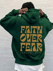 青少年男童休闲简约黄色字母印花长袖卫衣，适合秋冬季学生穿着 - 墨綠色 - 查看 2