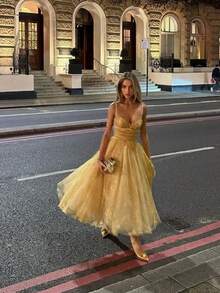 Đầm dạ hội dáng công chúa thanh lịch, trang trọng và lãng mạn với phần eo thắt gọn, kiểu dáng xòe nhẹ dành cho nữ, thích hợp cho dịp Giáng sinh, Năm mới và mùa hè. - Màu vàng - Xem 7