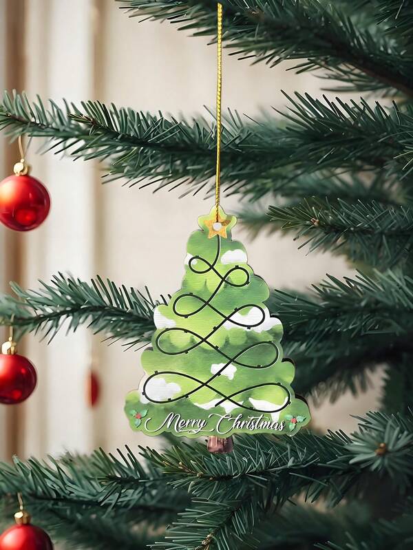 Adorno de árbol de Navidad de madera de 10*7.5cm - Se puede colgar en el árbol de Navidad, manijas de puertas, chimenea y paredes para agregar un ambiente festivo. Decoración exquisita, empaque de regalo cálido, diseño especial: Estrella dorada en la parte superior del árbol, líneas negras y copos de nieve blancos, hojas de acebo y bayas rojas, con el texto "Feliz Navidad", transmitiendo romance navideño y connotación cultural.