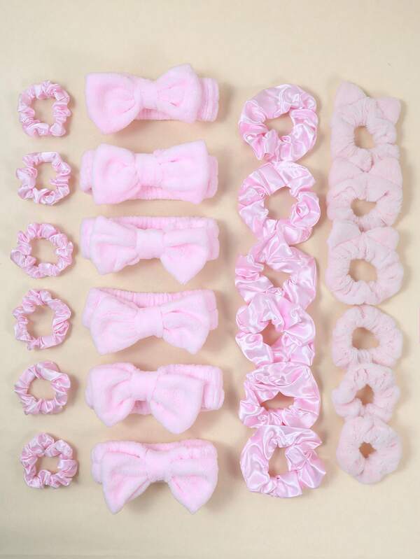 12/24 Pcs Girls Soft Coral Fleece Bow Spa Hairband, Furry/Fluffy/ Fuzzy Hair Scrunchies, Silky Satin Hair Scrunchy Ponytail Holders, Cute Pink Facial Bowknot Headband Hair Tie Hair Ropes Hair Accessories Set For Holiday Parties Gifts And Daily Use