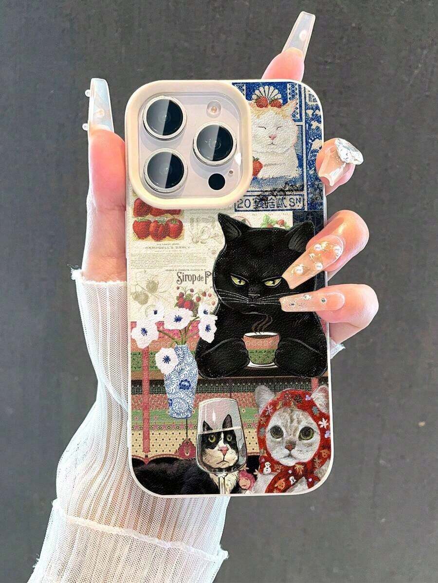 Vintage Cat Drinking Tea Case For IPhone 17 16 15 14 Pro Max, Aesthetic Soft Leather Shockproof Cover [Valentine's Gift] - 樣式1 - 查看 1