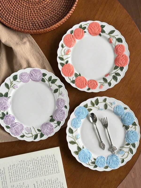 1pc Colorful Rose Ceramic Dinner Plate, Stylish High-Quality Dish, Ins-Style Plate For Home Use, Salad Plate