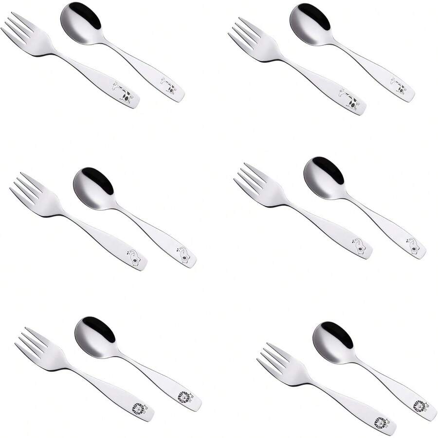Juego de cubiertos para niños, 12 piezas, acero inoxidable, 6 tenedores para niños, 6 cucharas para cena, utensilios para niños pequeños, para lonchera (animales safari, elefante, jirafa, - 12FS - Ver 1