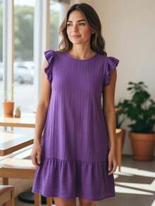 Plus Size Midi Dress, Fits Large And Small Sizes, With Ruffled Princess Sleeves, Puff Sleeves, And A Loose Fit, Dune Color. - Lilac - View 1