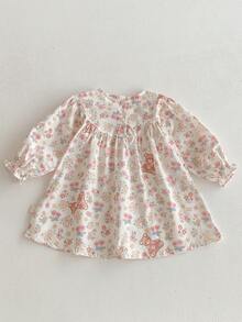 Baby Girl Floral & Bear Print Sweet Long Sleeve Dress, Autumn - Apricot - View 3