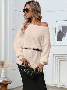 Plus Size Solid Color Batwing Sleeve Loose Pullover Sweater - Apricot - View 7