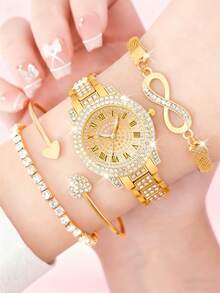 4件套女士银色不锈钢表带时尚休闲经典阿拉伯数字表盘石英手表手链首饰套装，适合日常佩戴、装饰、赠送朋友或作为节日礼物。 - 金色 - 查看 6