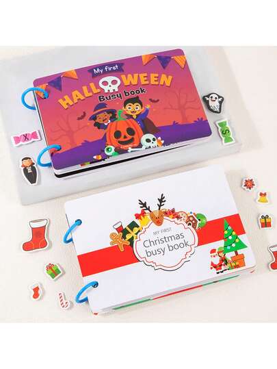 Festival Series Busy Book: Preschool Children's Cognitive Education Activity Book, DIY Hook & Loop Sticker Game Activity Book, Quiet Book For Kids Aged 3+, Perfect Halloween/Christmas/New Year Gift