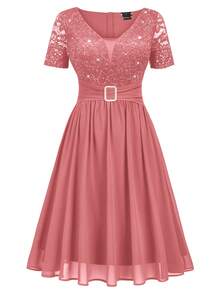 MIUSOL Vestido de fiesta acampanado de gasa con cuello en V profundo, encaje floral con lentejuelas y bajo plisado, para fiesta de graduación, boda, evento - Rosa vieja - Ver 7