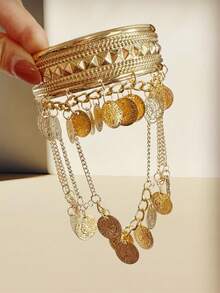 Brazalete ancho con monedas y borlas exageradas en estilo bohemio - Accesorio de Body de joyería vintage - Dorado - Ver 2