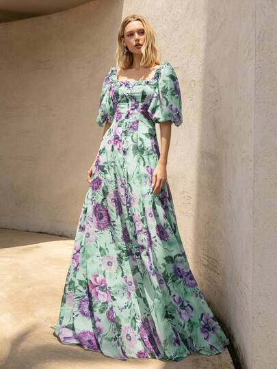 Faeriesty This Beautifully Printed Formal Evening Dress For Women Features A Distinctive Square Neck Collar, Romantic Lantern Sleeves, A Flowing A-Line Skirt, And Elegant Floral Prints - Perfect For Sophisticated Black-Tie Dinners, Wedding Receptions, Grand Formal Galas, Charity Balls, And Opera Performances.