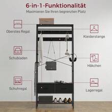 Coat Rack, Clothes Rack With Shoe Rack, 2 Fabric Drawers, Coat Rack With 8 Hooks, Shelf, Jacket Rack With Anti-Tip Protection, For Entrance Area, Hallway, Bedroom, Black - Black - View 5