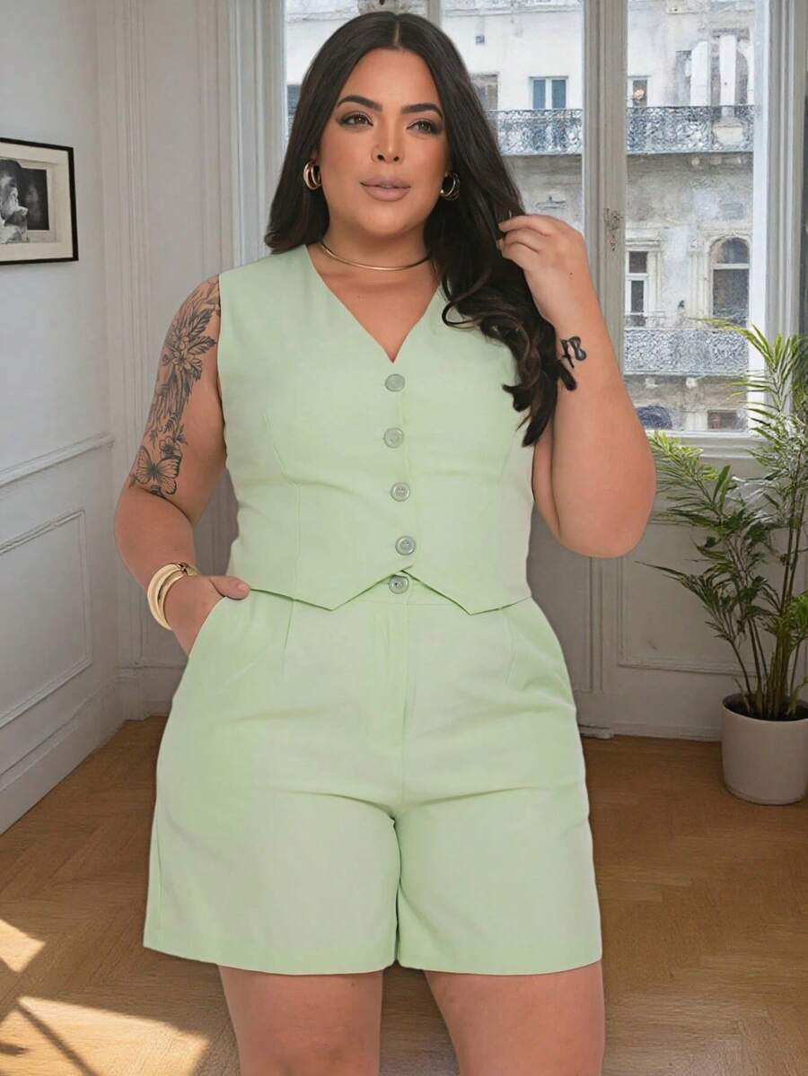 LXC Plus Size Women's Set With Vest And Shorts – Elegant Casual Style - 薄荷綠 - 查看 1