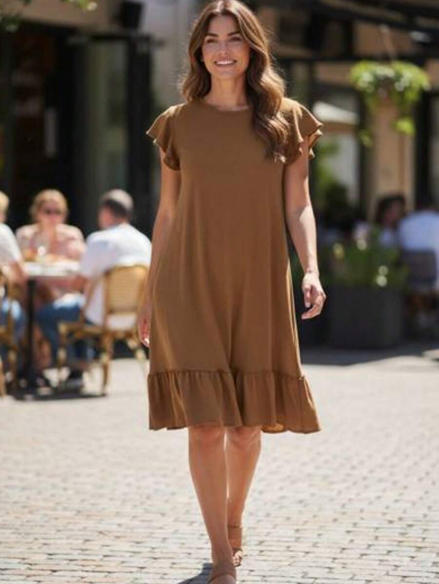 Plus Size Midi Dress, Fits Large And Small Sizes, With Ruffled Princess Sleeves, Puff Sleeves, And A Loose Fit, Dune Color. - Khaki - View 1