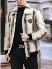 Men's Turndown Collar Warm Faux Fur Contrast Color Long Sleeve Coat, Winter