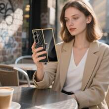 全包式时尚INS风镀金指环真皮手机壳，内置屏幕保护膜，兼容三星Z Fold 7 - 黑色 - 查看 7