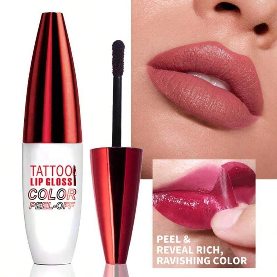 Tatuaje de brillo labial en color, desprendible, tinte labial desprendible, lápiz labial hidratante duradero, lápices labiales de color fáciles de aplicar, brillo labial tatuado, mate, alto pigmento, larga duración, impermeable - brillo labial, regalo - 01 Rose Red - Ver 1