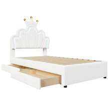 Polsterbett 90x200 cm in Weiß | Prinzessinnen-Kronenbett mit verstellbarem Kopfteil | Ferngesteuertes Ambientelicht & 2 Schubladen | PU-Material ohne Matratze