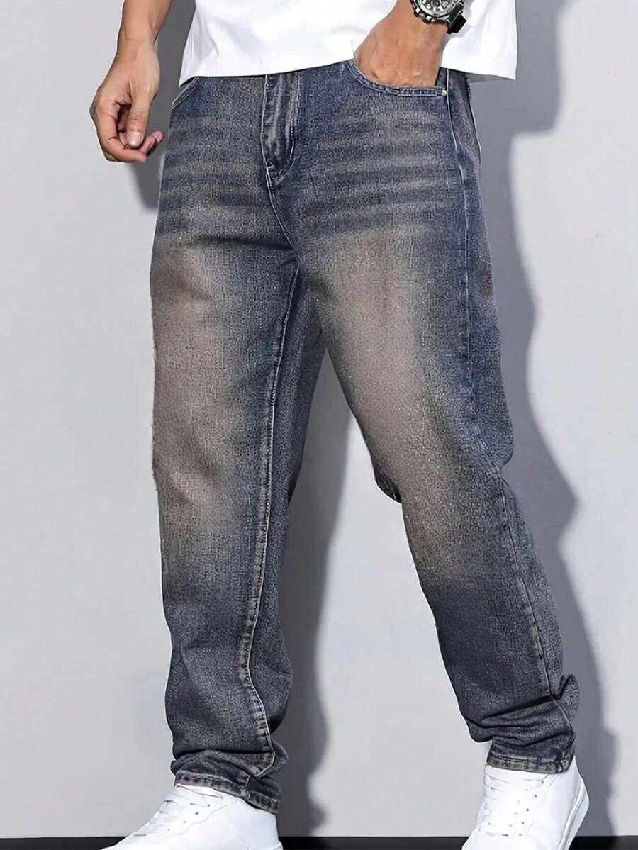 Teen Boy Pocket Straight Loose Casual Jeans, Simple & Fashionable - Medium Wash - View 1