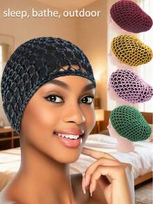 黑色网状发网，钩编波浪发髻罩，大号全头发网帽，女士长发头巾帽。适合长发、直发和卷发，用于保护发型并固定日常发型。睡眠发帽 - 彩色 - 查看 12