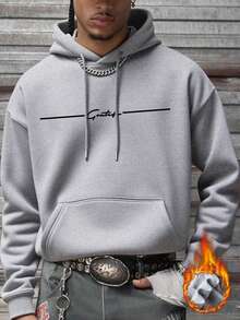 Zrgoth 男士休闲街头风花卉字体标语“感恩”极简印花抓绒连帽衫，秋冬款 - 灰色 - 查看 4