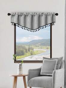 1pc Beige V-Shaped Tassel Curtain, Farmhouse Style Faux Linen Material Short Drape, Room Divider Suitable For Living Room, Bedroom, Window And Door Decor - Grey - View 12