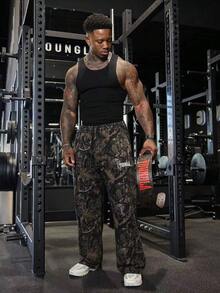 Men's Camo Printed Wide-Leg Straight Sweatpants Loose Fitness Running Pants  Casual Athletic Trousers - 黑色 - 查看 3