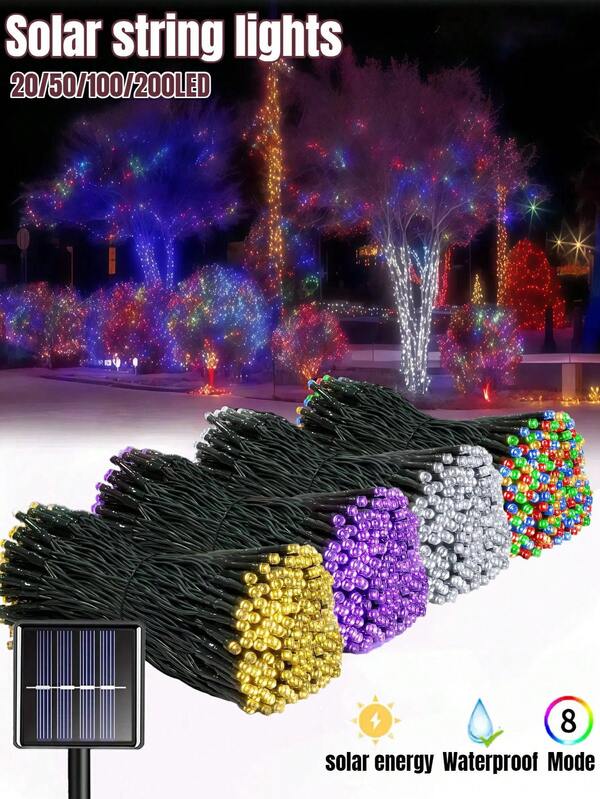1 Cordão de Luz Solar Externo com 20/50/100/200 LEDs, 8 Modos de Iluminação, Resistente à Água IP65, Luz de Natal Solar, Ideal para Árvores, Acampamentos, Casamentos, Jardins, Festas, Aniversários, Casas, Varandas, Escadas, Festivais, Decoração de Natal e Halloween - 5M/7M/12M/22M (Roxo/Branco Quente/Branco/Colorido)