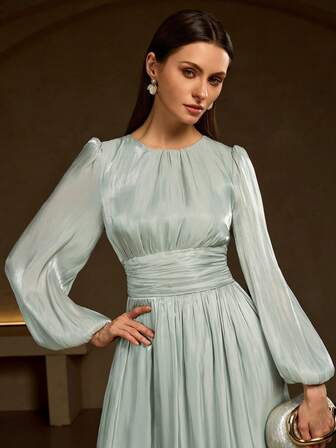 Women's Olive Green Long-Sleeved Pleated Waist Shiny A-Line Dress, Elegant And Versatile