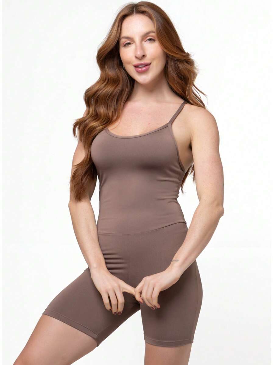 Slim Zero Transparency Fitness Jumpsuit With Straps And Lined Gym Crossfit Jumpsuit 048 - Brown - View 1