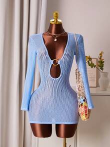 SS26 春夏钩针沙滩装罩衫 V 领淡蓝色长 T 恤连衣裙，适合度假、沙滩装、花园婚礼宾客礼服、优雅女士服装、约会、秋冬季 SS26 春夏沙滩装罩衫 - 藍色 - 查看 6