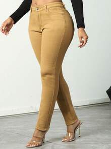 Women's Mid Waisted Skinny Jeans, Fleece Lined Stretch Denim Pants With Pockets, Thickened Warm Slim Fit Jeans For Women Elegant Style - 卡其色 - 查看 6